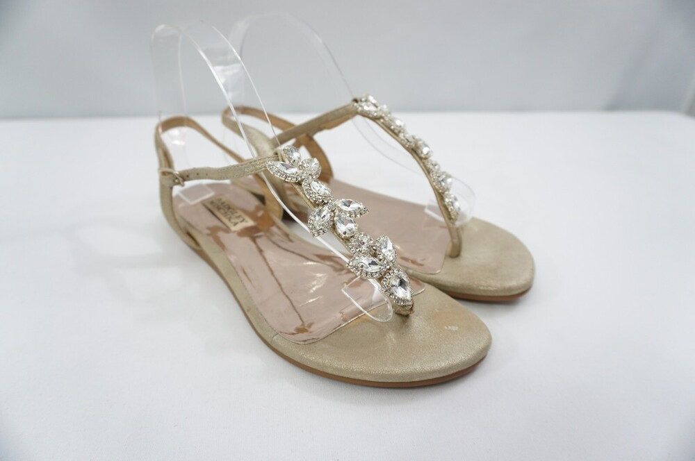 Badgley Mischka Used 6 Jewel Distressed Gold Leather Rhinestone Thong Sandals